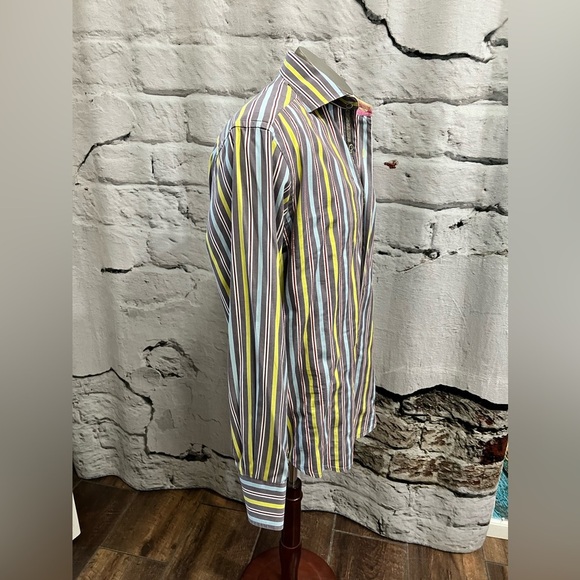 Robert Graham Colorful‎ Striped Dress Shirt Grey Yellow Blue Button Down Shirt - Picture 3 of 8